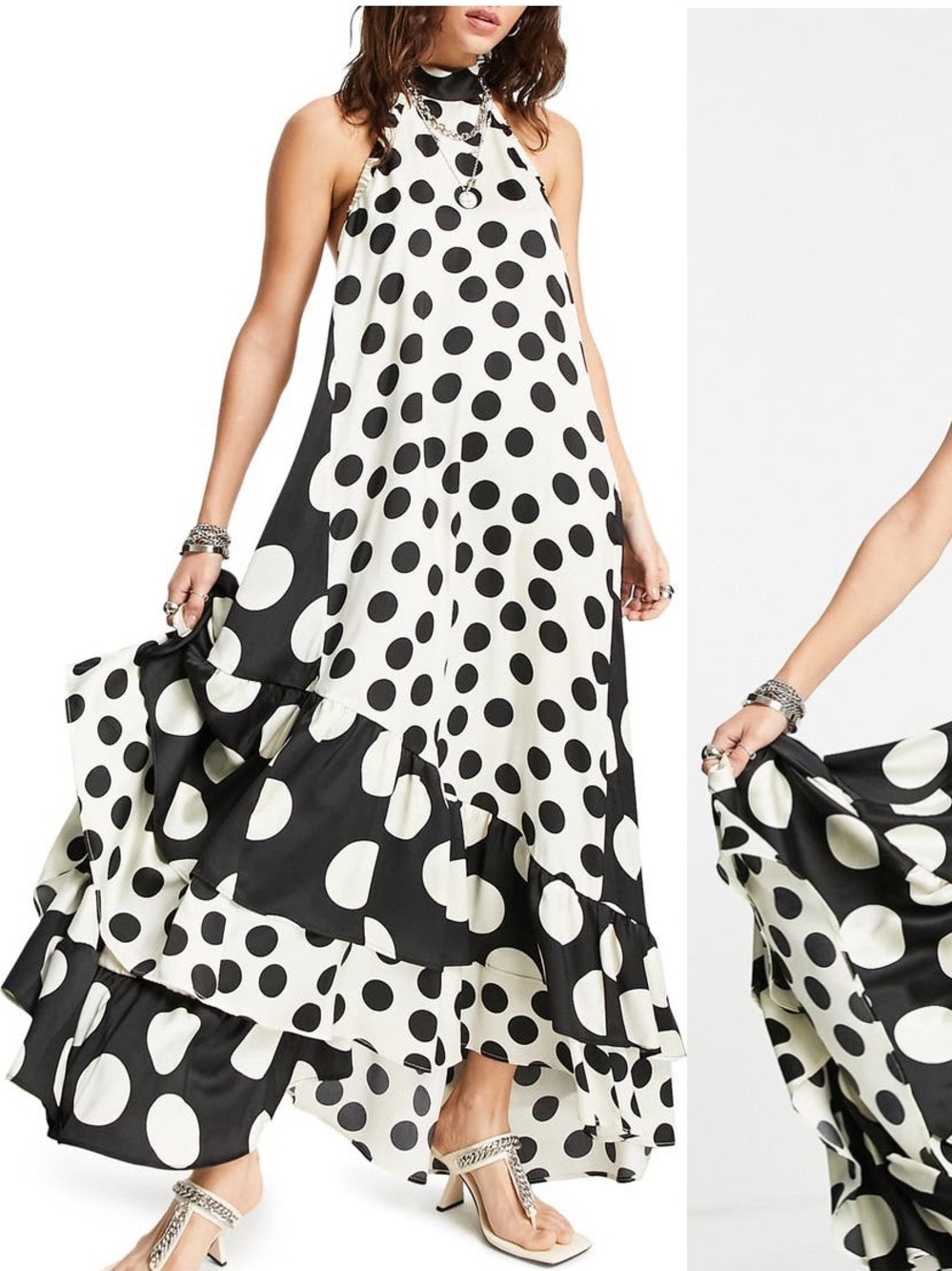 Topshop Black and White Polka Dot Halter Maxi Dress with Ruffle Hem - Picture 3 of 5